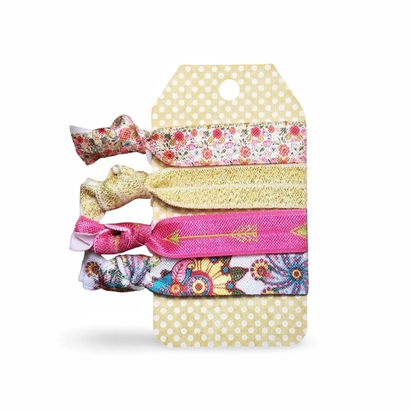 Hand Crafted Accessories - Boho Floral Theme 4-Pack Handmade No Crease FOE Elastic Hair Ties